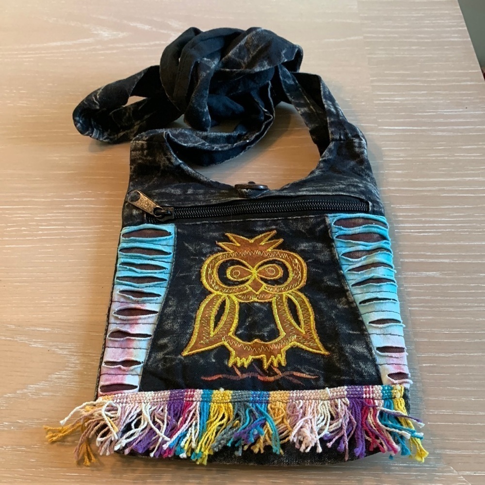 Boho Owl Crossbody bag, 2 zipper sections, long crossbody strap, fringe